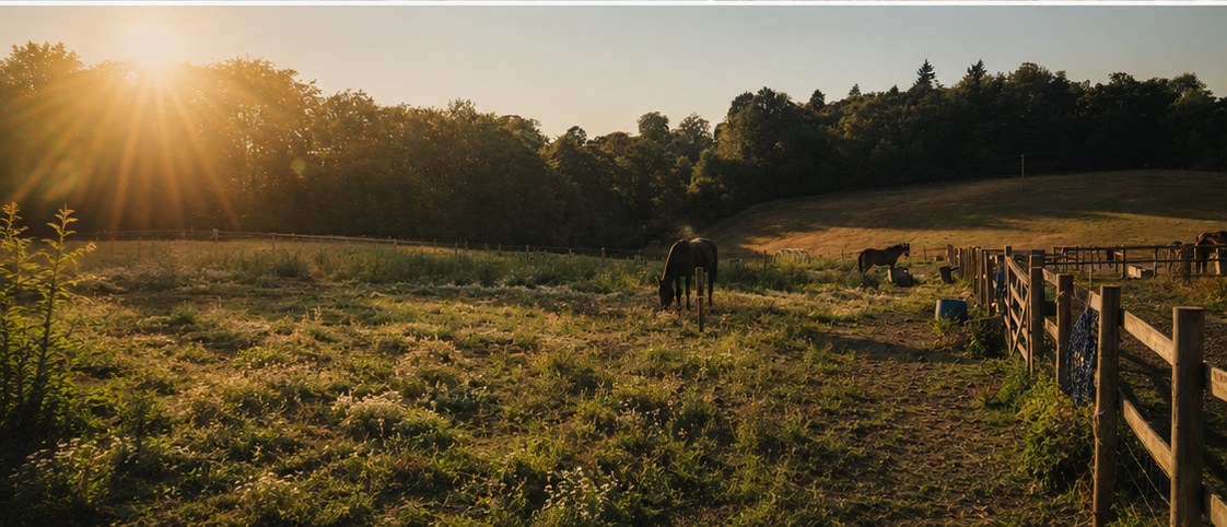 Horses grazing in the paddocks at Wild Mind Well-Being as the sun sets over the treeline