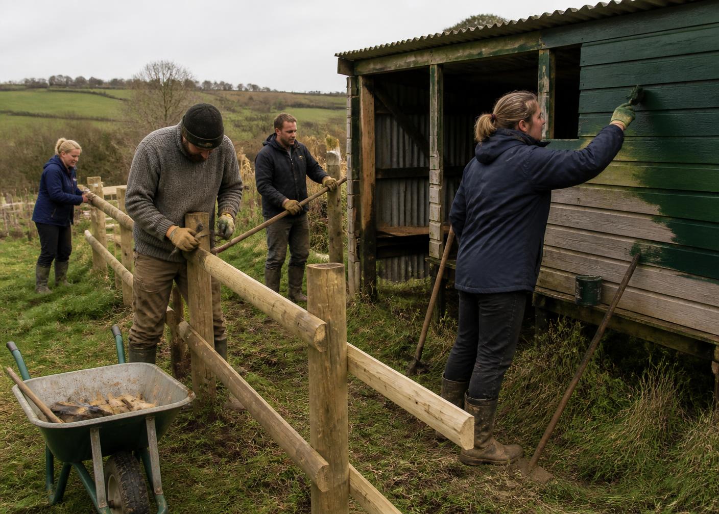 A team from a local business building fencing and painting a shelter on the farm